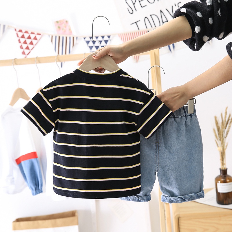 Baby Casual Cartoon Print Striped Short-sleeve Tee